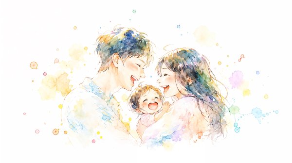笑顔で子供を抱くカップルの水彩イラスト no.2