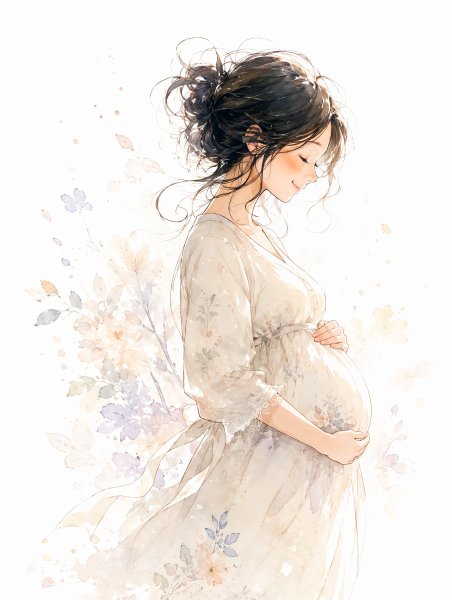 優しい笑顔でお腹を抱える妊婦さんの水彩イラスト no.1
