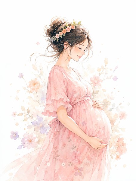 優しい笑顔でお腹を抱える妊婦さんの水彩イラスト no.2