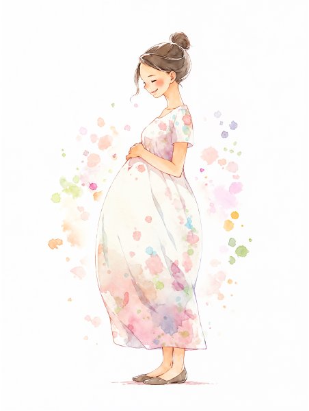 優しい笑顔でお腹を抱える妊婦さんの水彩イラスト no.3