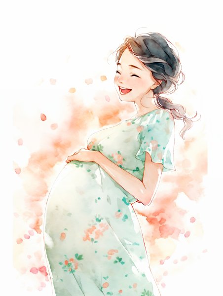 優しい笑顔でお腹を抱える妊婦さんの水彩イラスト no.4