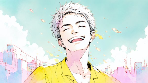 カラフルな街を幸せいっぱいの笑顔で歩く男性のイラスト no.10