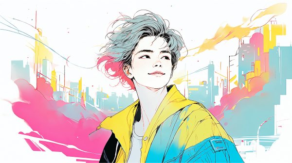 カラフルな街を幸せいっぱいの笑顔で歩く男性のイラスト no.4