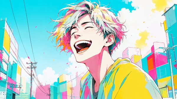 カラフルな街を幸せいっぱいの笑顔で歩く男性のイラスト no.5