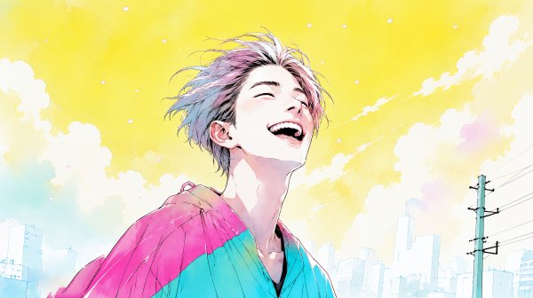カラフルな街を幸せいっぱいの笑顔で歩く男性のイラスト no.6