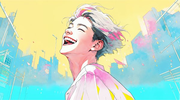 カラフルな街を幸せいっぱいの笑顔で歩く男性のイラスト no.8