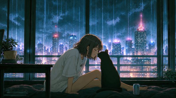 雨の降る都会の夜景を猫と楽しむ女の子のイラスト no.1