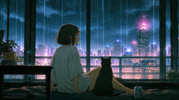 雨の降る都会の夜景を猫と楽しむ女の子のイラスト no.2