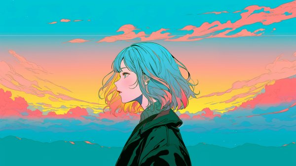 美しい夕日と歩く女性のエモーショナルなイラスト no.1