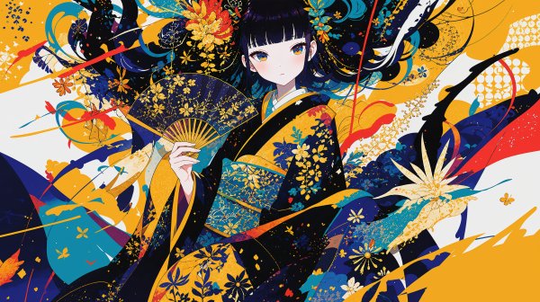 幻想的に描かれた着物を着た女の子の和風イラスト no.1