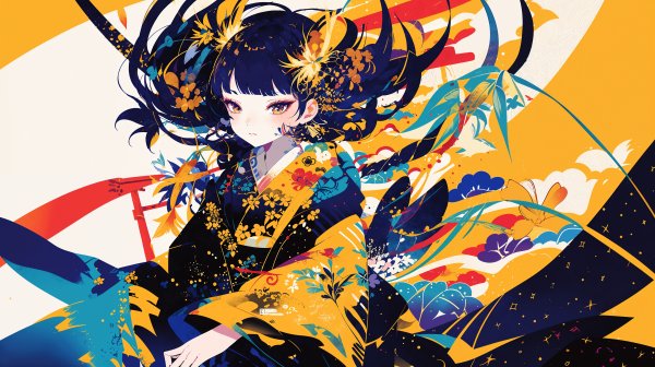 幻想的に描かれた着物を着た女の子の和風イラスト no.4