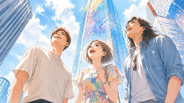 都会の空を見上げる若い男女 no.3