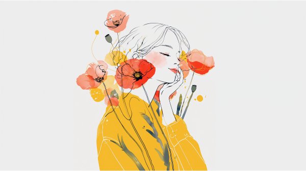 ポピーの花と幸せそうな女性の水彩イラスト no.1