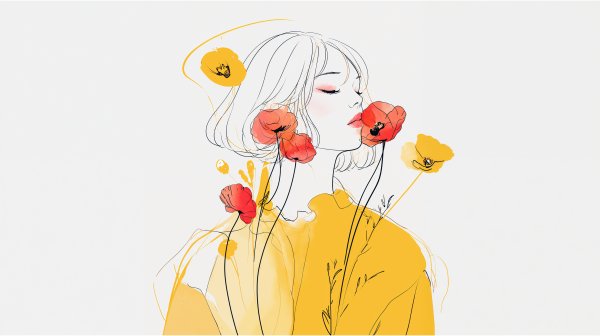 ポピーの花と幸せそうな女性の水彩イラスト no.2