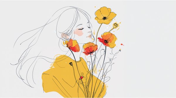 ポピーの花と幸せそうな女性の水彩イラスト no.3