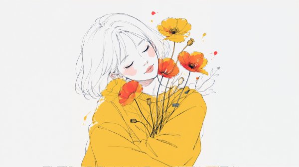 ポピーの花と幸せそうな女性の水彩イラスト no.5