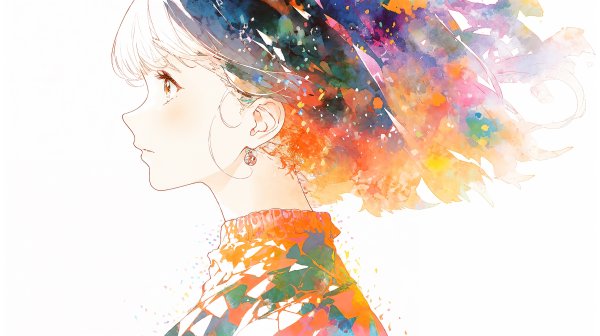 抽象的な水彩アートを纏うアニメ風女性の横顔イラスト no.1