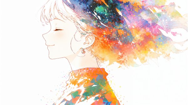 抽象的な水彩アートを纏うアニメ風女性の横顔イラスト no.2