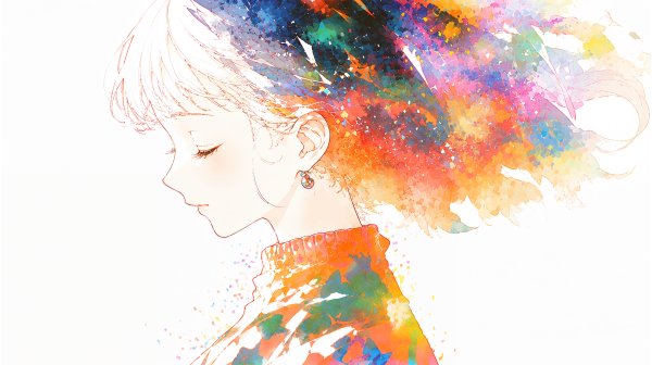 抽象的な水彩アートを纏うアニメ風女性の横顔イラスト no.3