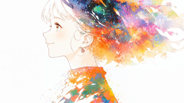 抽象的な水彩アートを纏うアニメ風女性の横顔イラスト no.4