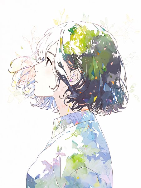上を見上げる若い女性の水彩で描かれた横顔ポートレートイラスト no.1