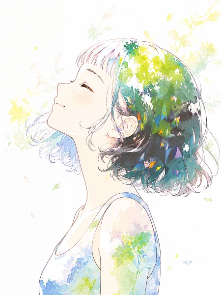 上を見上げる若い女性の水彩で描かれた横顔ポートレートイラスト no.3