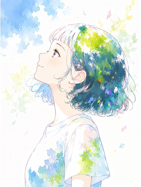 上を見上げる若い女性の水彩で描かれた横顔ポートレートイラスト no.4