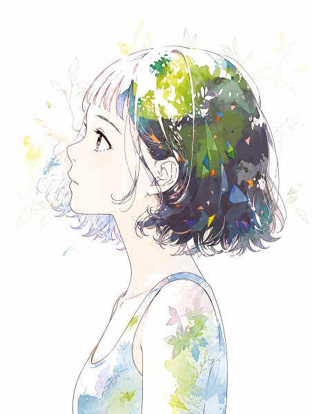 上を見上げる若い女性の水彩で描かれた横顔ポートレートイラスト no.5