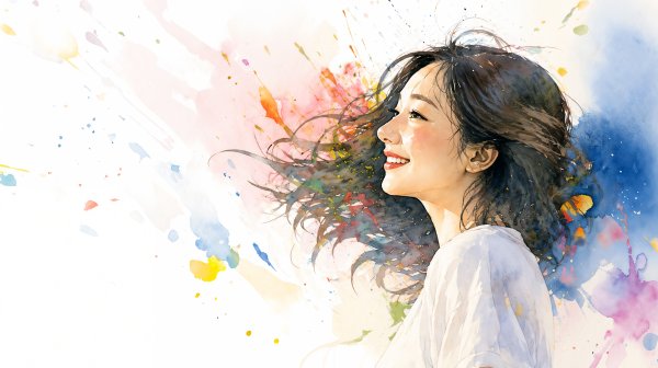 カラフルな水彩背景と笑顔の女性の横顔イラスト no.1