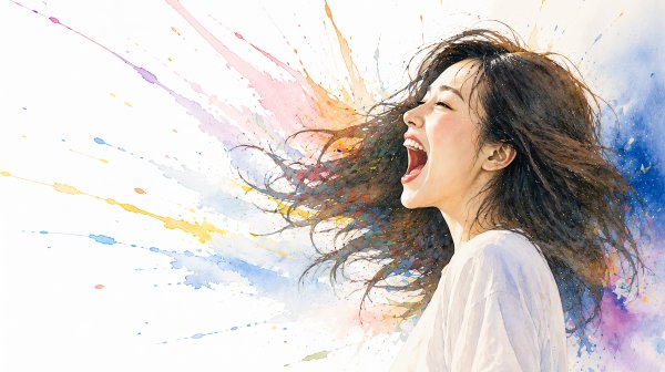 カラフルな水彩背景と叫ぶ女性の横顔イラスト no.2