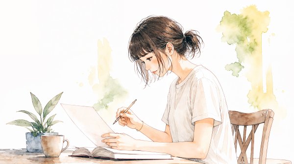 机で書き物をしている女性のイラスト no.1