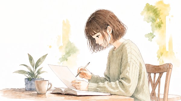 机で書き物をしている女性のイラスト no.2