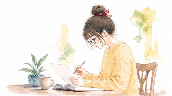 机で書き物をしている女性のイラスト no.3