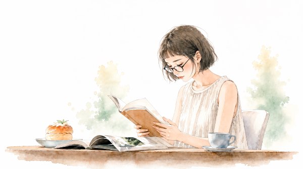 机で本を読みながら考え事をする若い女性のイラスト no.2
