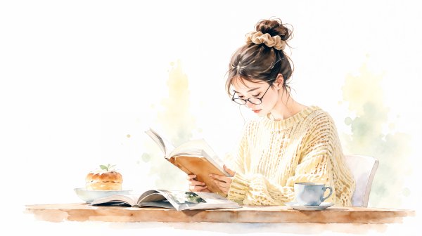 机で本を読みながら考え事をする若い女性のイラスト no.4