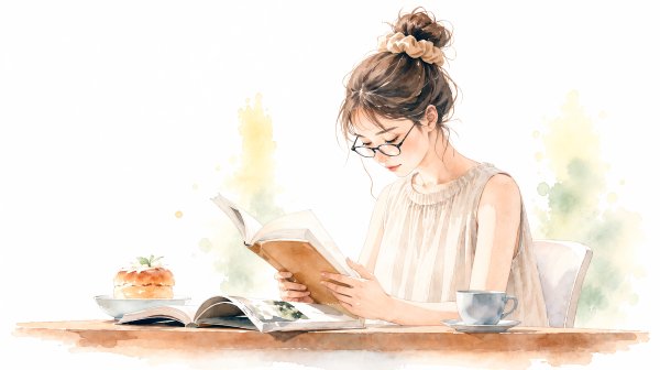 机で本を読みながら考え事をする若い女性のイラスト no.5