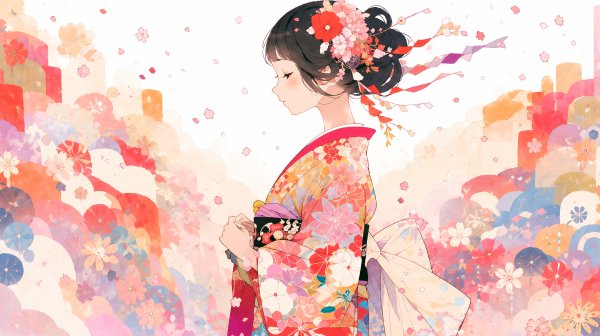着物を着た女性のポートレートイラストと和柄背景 no.1