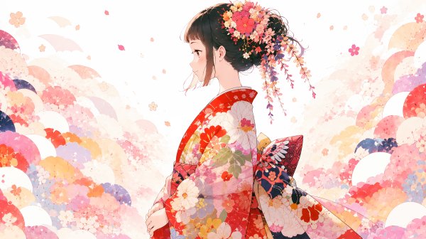 着物を着た女性のポートレートイラストと和柄背景 no.3