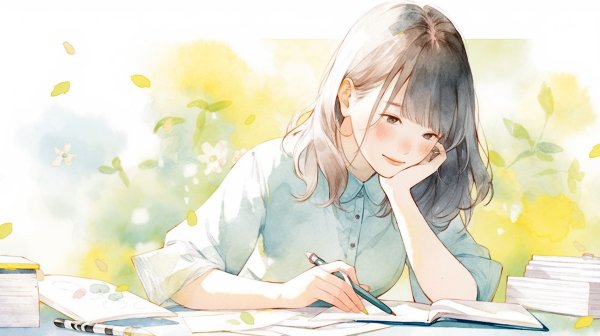 机で書き物をしている女性のイラスト no.5