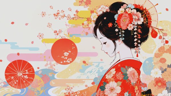 レトロな着物を着た女性のポートレートイラスト no.2