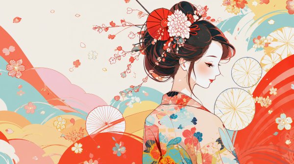 レトロな着物を着た女性のポートレートイラスト no.3