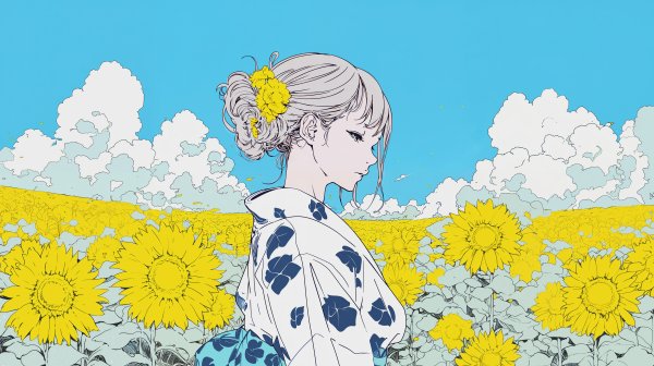 ひまわり畑に浴衣を着て立つ女性のイラスト no.1