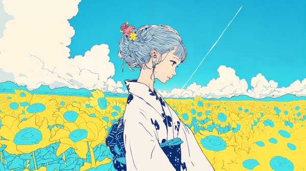 ひまわり畑に浴衣を着て立つ女性のイラスト no.4
