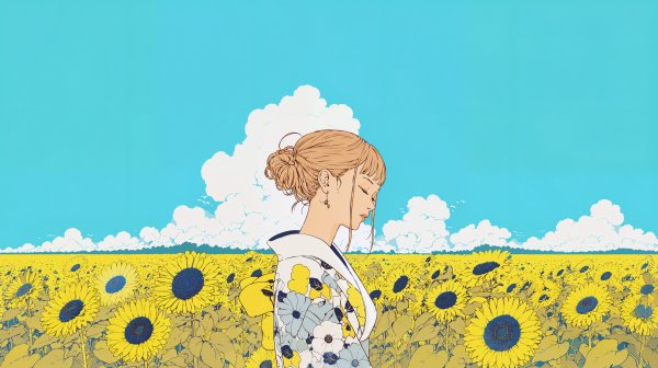 ひまわり畑に浴衣を着て立つ女性のイラスト no.5