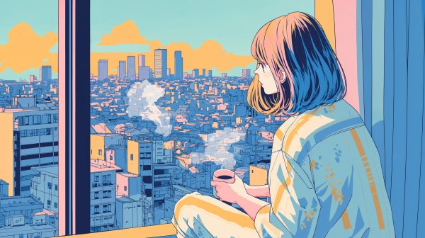 コーヒーを飲みながら朝日に染まる都会の街を眺める女の子のイラスト no.1