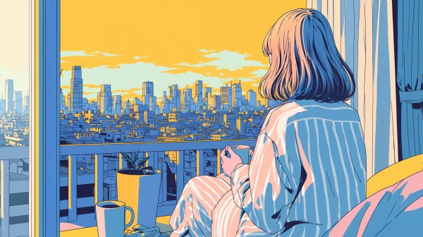 コーヒーを飲みながら朝日に染まる都会の街を眺める女の子のイラスト no.2