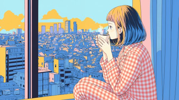 コーヒーを飲みながら朝日に染まる都会の街を眺める女の子のイラスト no.3