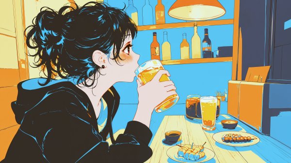 カウンターでひとり、ビールを飲む女の子のイラスト no.1