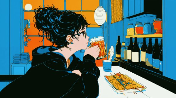 カウンターでひとり、ビールを飲む女の子のイラスト no.2