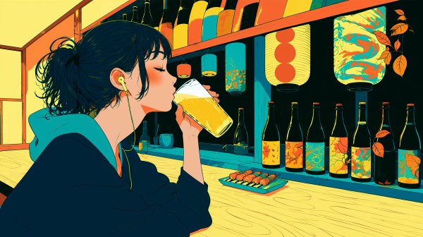 カウンターでひとり、ビールを飲む女の子のイラスト no.4
